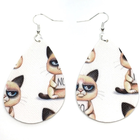 Jewelry - Grumpy Cat Teardrop Drop Vegan Leather Earrings